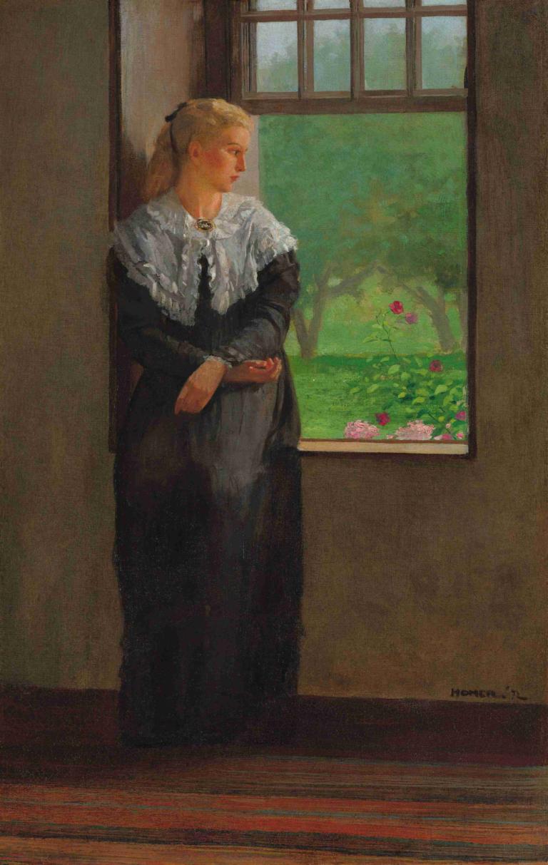 Reverie,Winslow Homer,Уинслоу Гомер,Картина Маслом,Картина Маслом, 1 девушка, соло, светлые волосы, окно