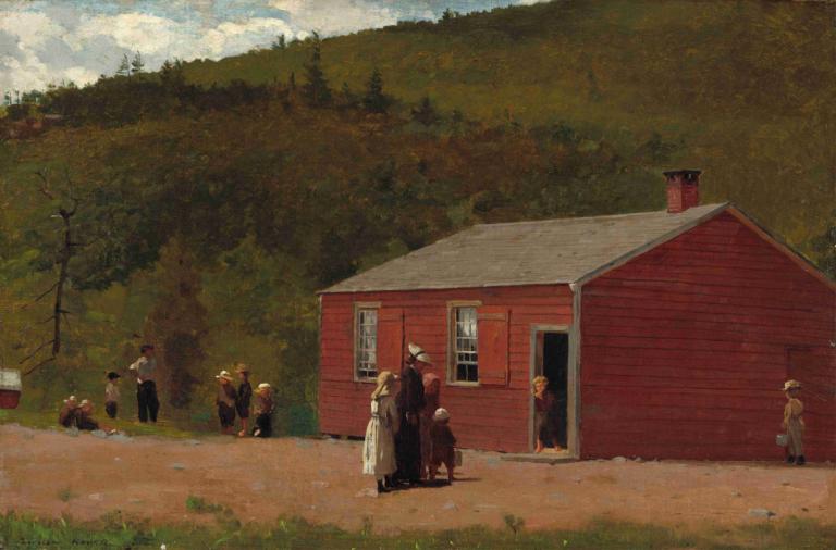 School Time,Tempo scuola,Winslow Homer,Pittura ad olio,Pittura ad olio, all'aperto, più ragazzi, casa, albero