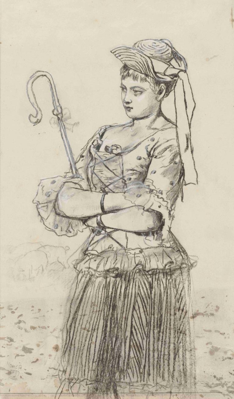 Shepherdess,Người chăn cừu.,Winslow Homer,Tôi là Winslow Homer.,Phác thảo,Phác thảo, đấu, mũ, Đơn sắc