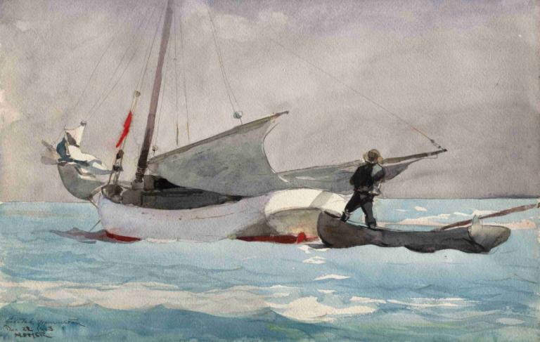 Stowing Sail,積載風帆,Winslow Homer,溫斯洛·荷馬,油畫,油畫, 船隻, 船, 多個男孩, 傳統媒體, 男性焦點, 海洋, 軍隊, 2個男孩, 水, 過時的, 旗幟, 簽名, 船, 1男孩