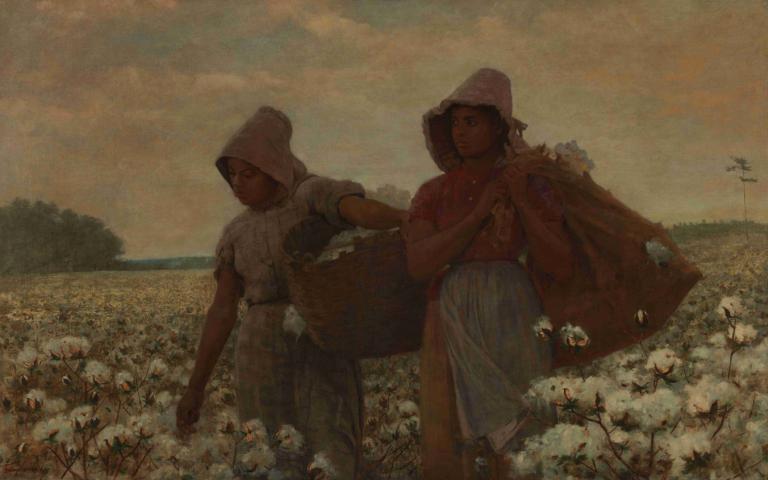 The Cotton Pickers,Sběrači bavlny,Winslow Homer,Olejomalba,Olejomalba, květ, pole, venku, 1 dívka, 1 kluk