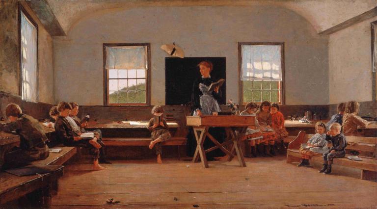 The Country School,Venkovská škola,Winslow Homer,Olejomalba,Olejomalba, více chlapců, uvnitř, okno, sedící