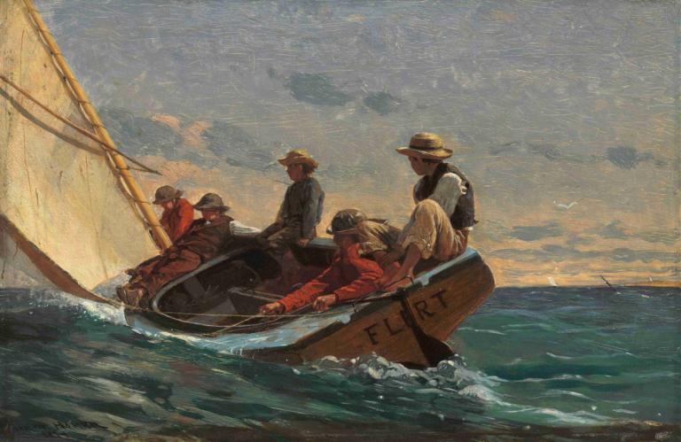 The Flirt,Flirt,Winslow Homer,Olejomalba,Olejomalba, více chlapců, plavidlo, čepice, loď, 4 kluci, oceán