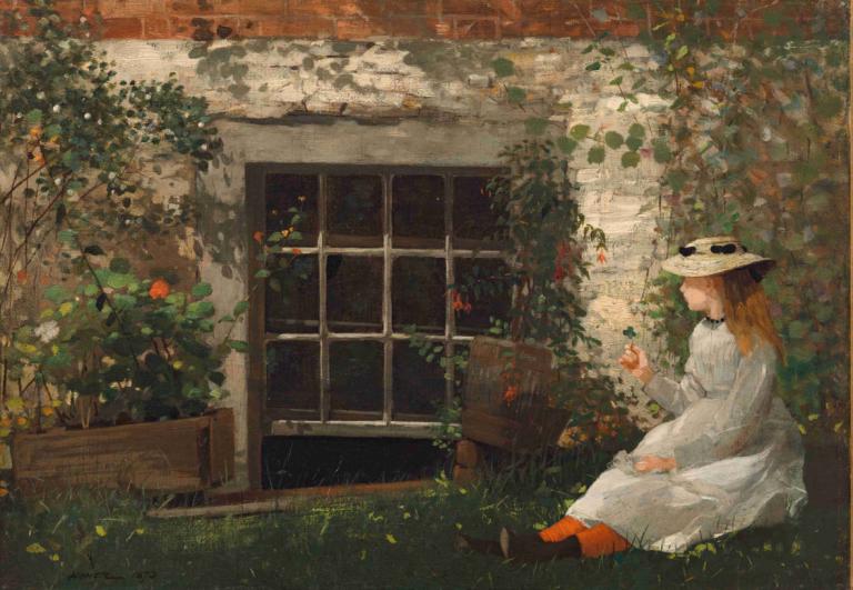 The Four-Leaf Clover,Čtyřlístek,Winslow Homer,Olejomalba,Olejomalba, 1 dívka, šaty, čepice, sedící, sólo