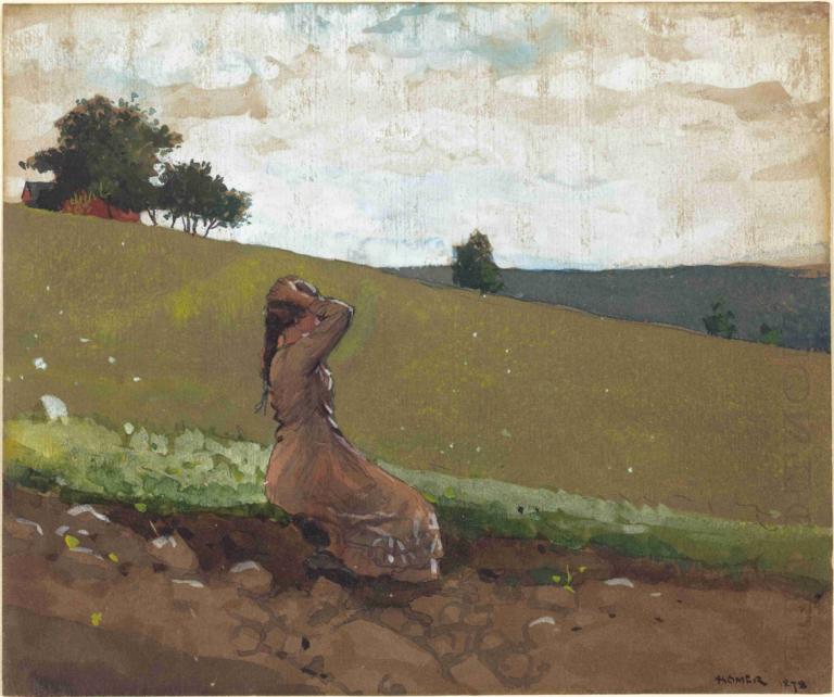 The Green Hill,Zelený kopec,Winslow Homer,Olejomalba,Olejomalba, 1 dívka, sólo, venku, šaty, strom, tráva