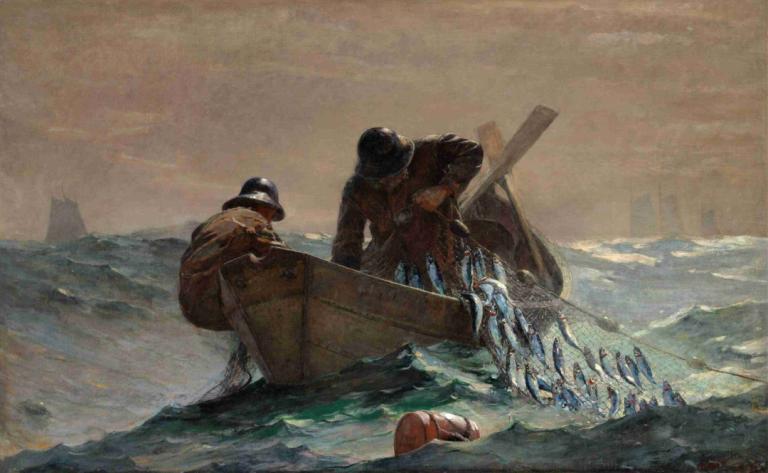 The Herring Net,청어 그물,Winslow Homer,윈슬로우 호머,오일 페인팅,오일 페인팅, 선박, 모자, 보트, 물, 옥외, 미술 패러디, 전통 미디어, 남성 집중, 여러 소년