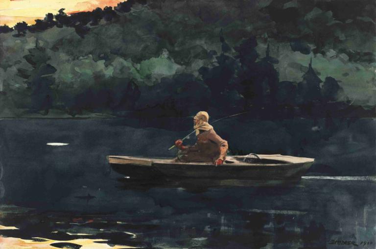 The Rise,Winslow Homer,Oil Painting,Oil Painting, fishing rod, fishing, river, water, solo, outdoors, boat