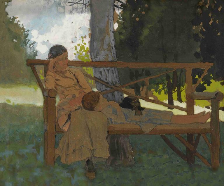 The Siesta,Siesta,Winslow Homer,Obraz olejny,Obraz olejny, drzewo, sukienka, 1 dziewczyna, na dworze