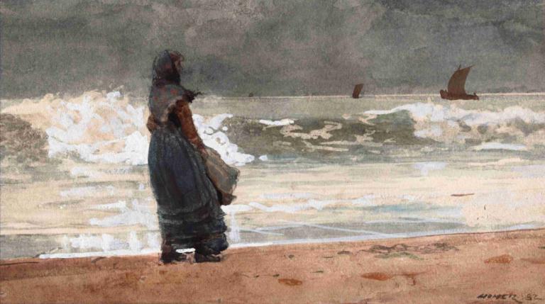 The Watcher, Tynemouth,Winslow Homer,Obraz olejny,Obraz olejny, 1 dziewczyna, solo, długie włosy, na dworze