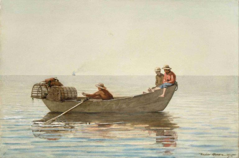 Three Boys in a Dory with Lobster Pots,Trzech chłopców w kutrze z garnkami homara,Winslow Homer,Obraz olejny