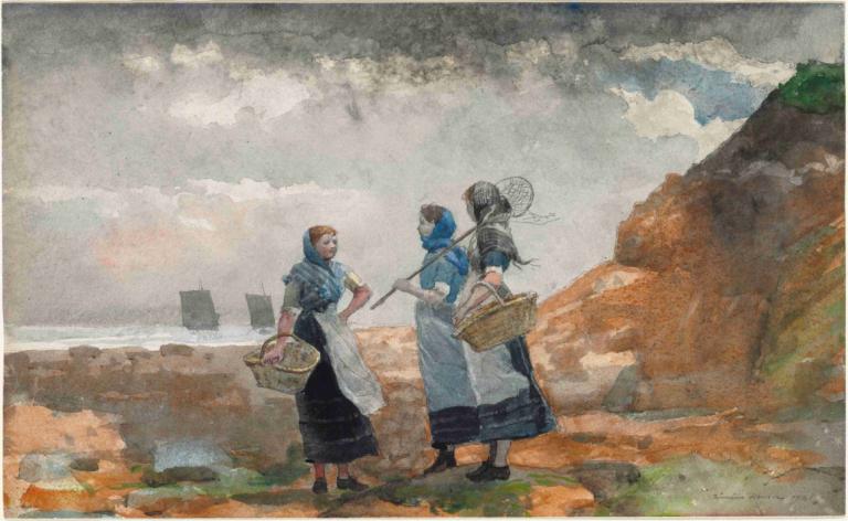 Three Fisher Girls, Tynemouth,Winslow Homer,Obraz olejny,Obraz olejny, kosz, na dworze, wielu chłopców