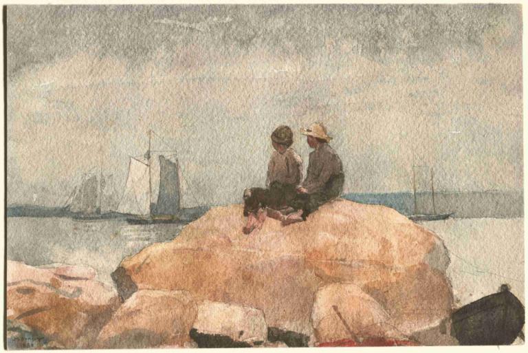 Two Boys Watching Schooners,Dwóch chłopców obserwujących szkunery,Winslow Homer,Obraz olejny,Obraz olejny