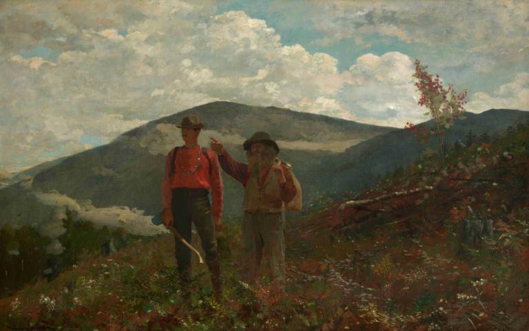 Two Guides,Dva průvodci,Winslow Homer,Olejomalba,Olejomalba, venku, mrak, nebe, více chlapců, 2 kluci