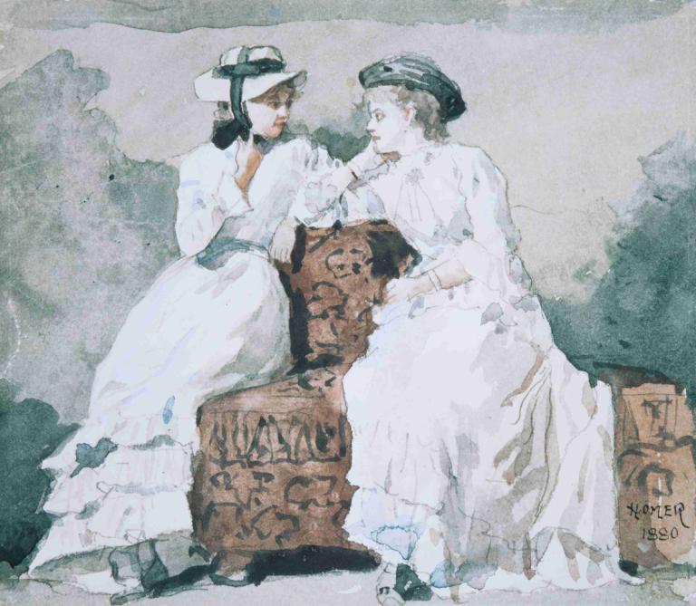 Two Ladies,Dvě dámy,Winslow Homer,Olejomalba,Olejomalba, šaty, bílé šaty, více dívek, 2 dívky, čepice