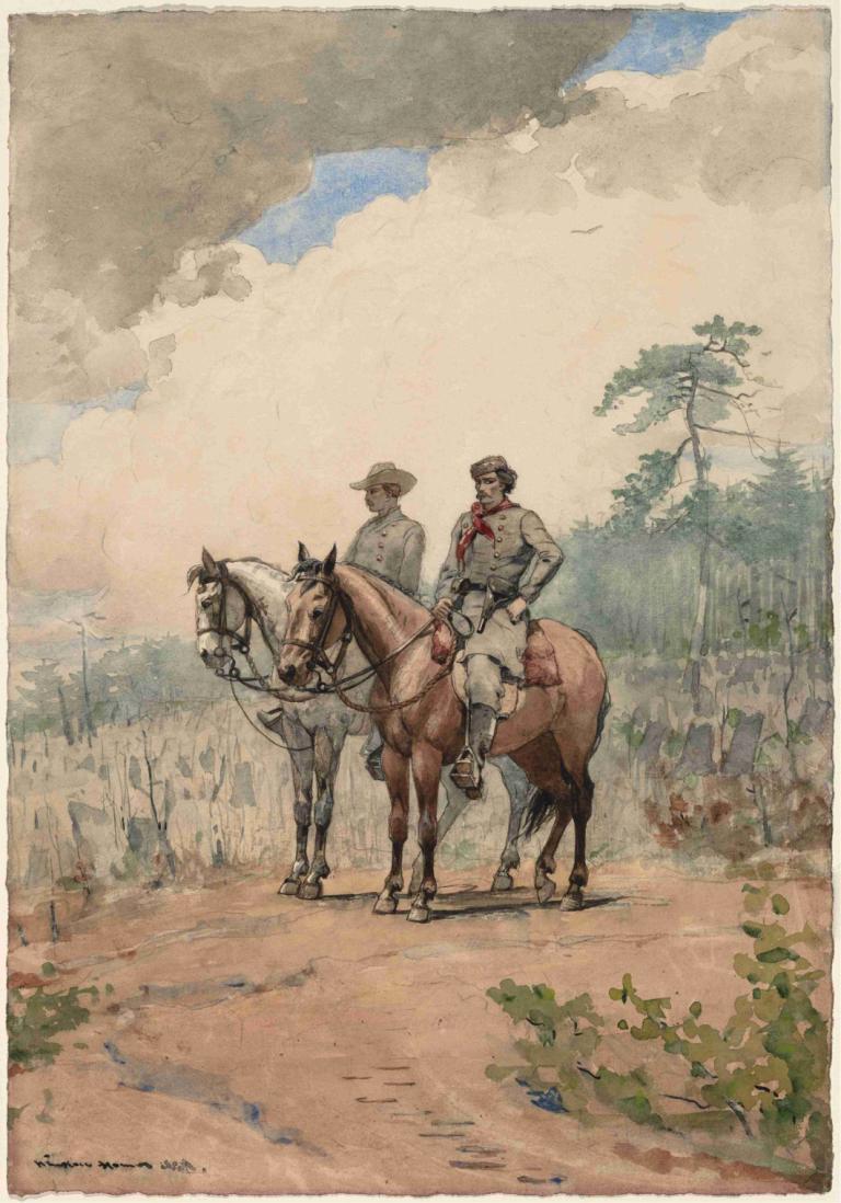 Two Scouts,Dva skauti,Winslow Homer,Ilustrace,Ilustrace, kůň, více chlapců, jízda na koni, jezdectví