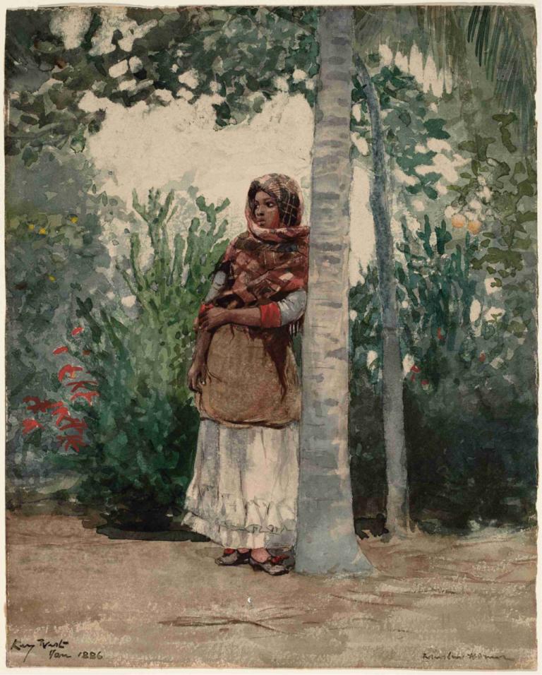 Under a Palm Tree,Pod palmou,Winslow Homer,Olejomalba,Olejomalba, 1 dívka, strom, sólo, dlouhé vlasy, šaty