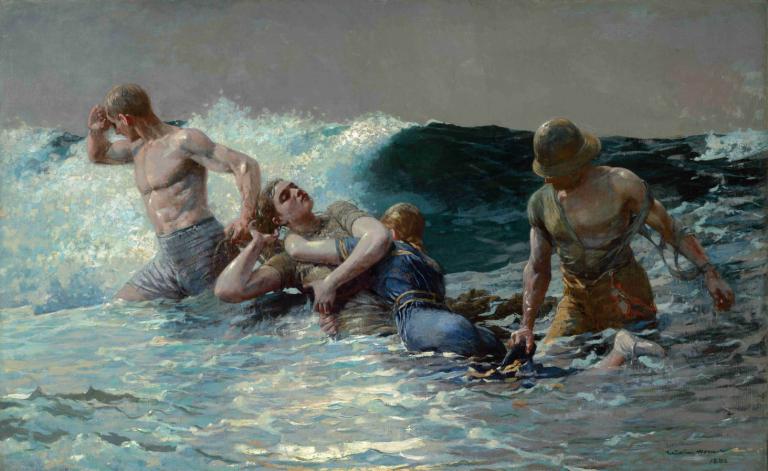 Undertow,Winslow Homer,Olejomalba,Olejomalba, více chlapců, voda, mužské zaměření, svalnatý, blond vlasy