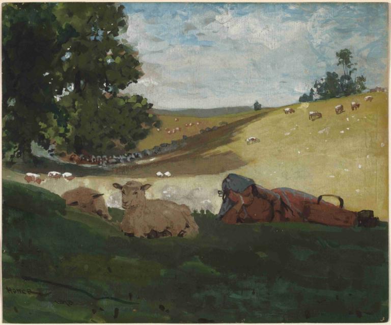 Warm Afternoon,Teplé odpoledne,Winslow Homer,Olejomalba,Olejomalba, venku, strom, ležící, tráva, den, nebe