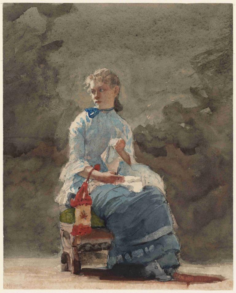 Young Woman Sewing,Ung kvinna som syr,Winslow Homer,Oljemålning,Oljemålning, Sammanträde, solo, blont hår